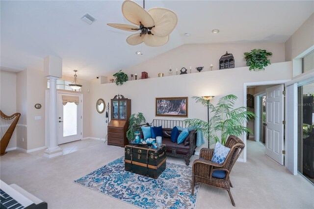 3824 Dominic St, North Port, FL 34288 - carpeted living area featuring vaulted ceiling, ornate columns, and a ceiling fan