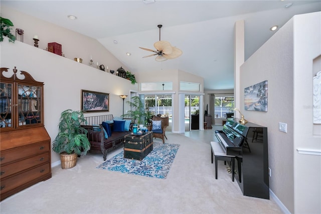 3824 Dominic St, North Port, FL 34288 - living area featuring carpet floors, a ceiling fan, and high vaulted ceiling