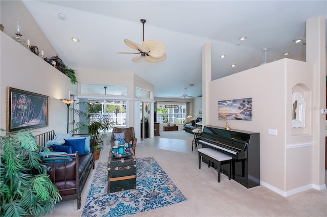 3824 Dominic St, North Port, FL 34288 - carpeted living area with ceiling fan, high vaulted ceiling, and recessed lighting