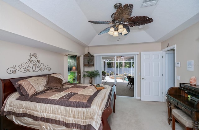 3824 Dominic St, North Port, FL 34288 - carpeted bedroom with access to outside, lofted ceiling, and a ceiling fan