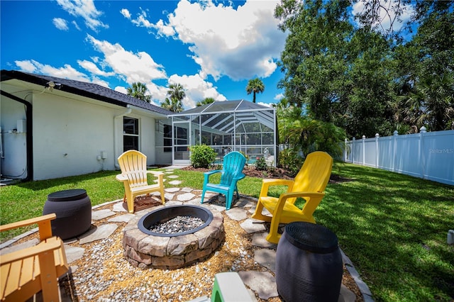3824 Dominic St, North Port, FL 34288 - fenced backyard featuring an outdoor fire pit, a lanai, and a patio