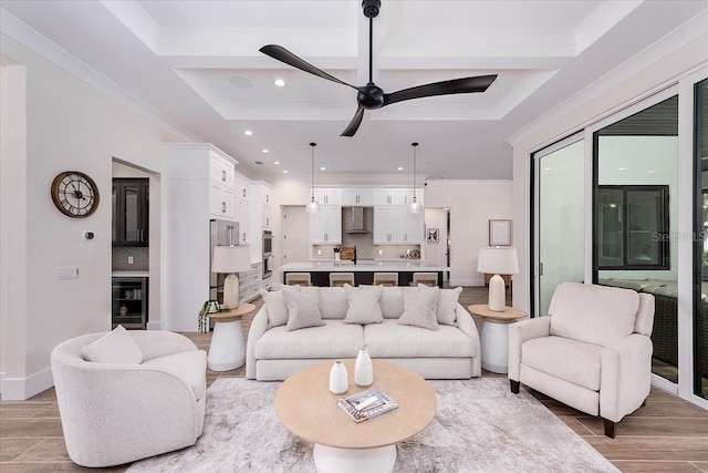 3800 Carupano Ct, Punta Gorda, FL 33950 - living area with beverage cooler, coffered ceiling, ceiling fan, recessed lighting, and light wood-type flooring
