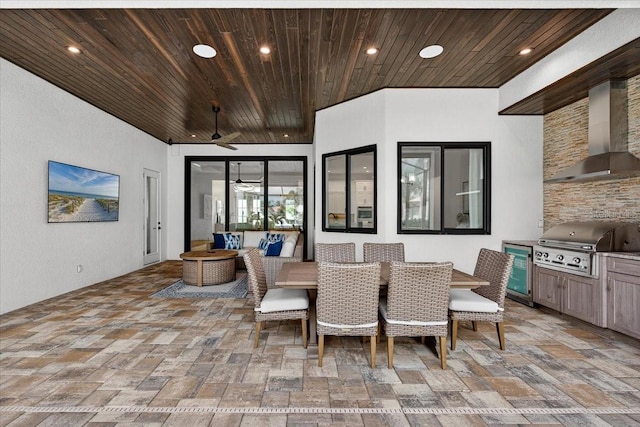 3800 Carupano Ct, Punta Gorda, FL 33950 - dining area with wooden ceiling, recessed lighting, light stone finish flooring, and ceiling fan