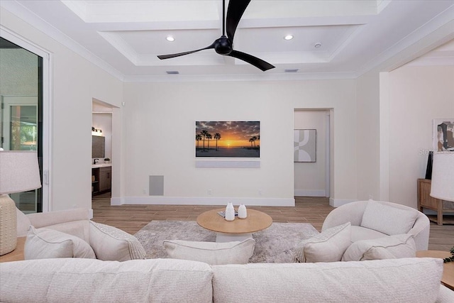 3800 Carupano Ct, Punta Gorda, FL 33950 - living room featuring wood finished floors, recessed lighting, crown molding, ceiling fan, and coffered ceiling