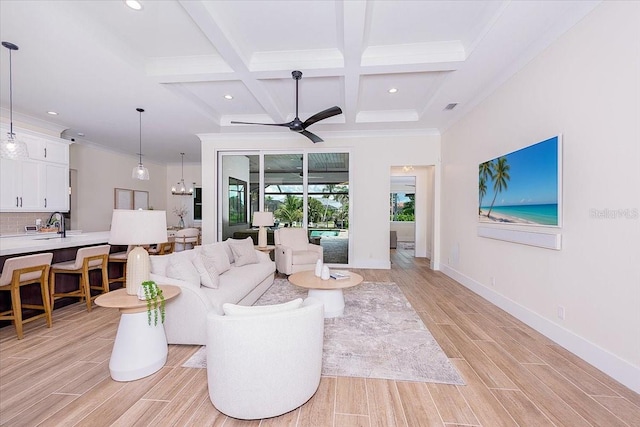 3800 Carupano Ct, Punta Gorda, FL 33950 - living room with ceiling fan, light wood-style floors, beamed ceiling, coffered ceiling, and crown molding