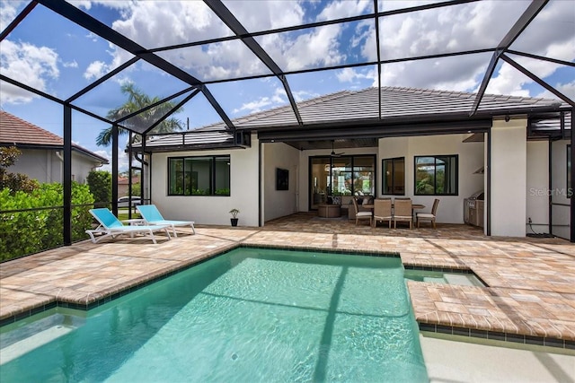 3800 Carupano Ct, Punta Gorda, FL 33950 - outdoor pool with ceiling fan, an outdoor living space, a patio area, and a lanai