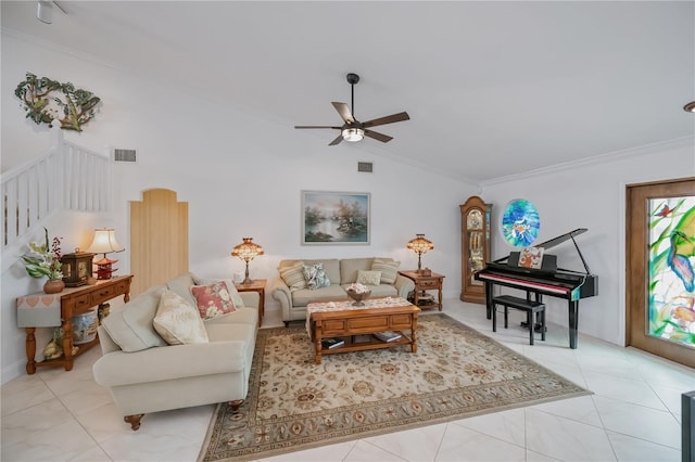 1418 Grebe Dr, Punta Gorda, FL 33950 - living room with a ceiling fan, crown molding, vaulted ceiling, and light tile patterned flooring