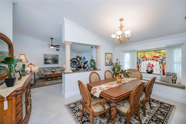 1418 Grebe Dr, Punta Gorda, FL 33950 - dining space with ornamental molding, vaulted ceiling, decorative columns, a chandelier, and ceiling fan