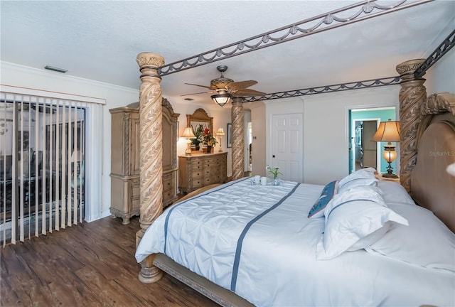 1418 Grebe Dr, Punta Gorda, FL 33950 - bedroom featuring wood finished floors, ornate columns, ornamental molding, and a ceiling fan