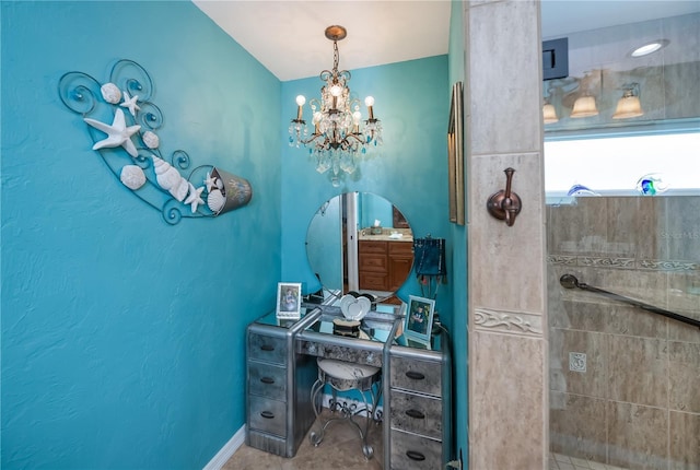 1418 Grebe Dr, Punta Gorda, FL 33950 - full bathroom with a chandelier, tiled shower, and vanity