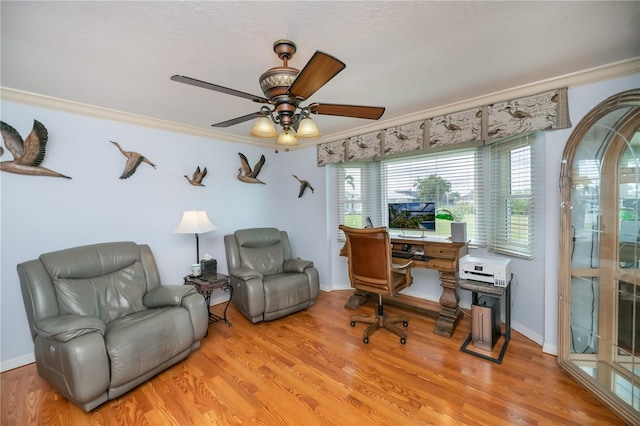 1418 Grebe Dr, Punta Gorda, FL 33950 - office area featuring ceiling fan, light wood finished floors, and ornamental molding