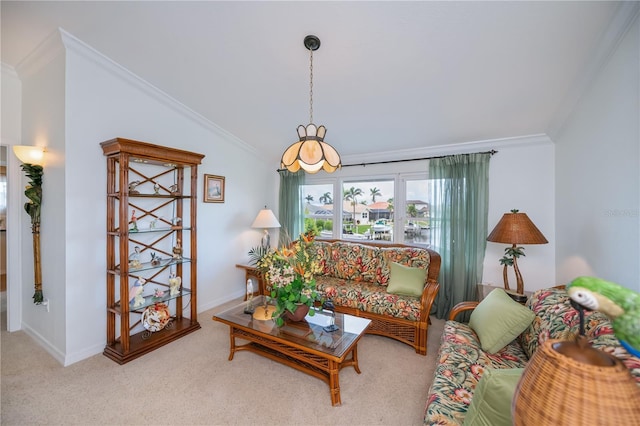 1418 Grebe Dr, Punta Gorda, FL 33950 - carpeted living room featuring crown molding and lofted ceiling