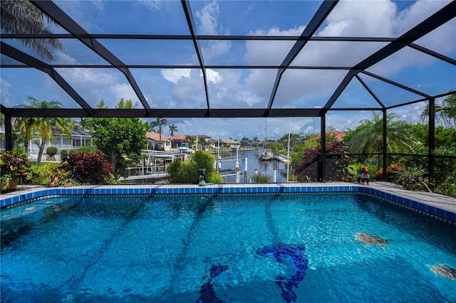 1418 Grebe Dr, Punta Gorda, FL 33950 - outdoor pool featuring boat lift, a boat dock, a water view, and a lanai