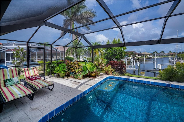 1418 Grebe Dr, Punta Gorda, FL 33950 - outdoor pool featuring a patio area, a boat dock, a water view, boat lift, and glass enclosure