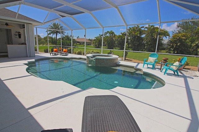 260 Rotonda Blvd E, Rotonda West, FL 33947 - view of pool featuring a patio area, a pool with connected hot tub, glass enclosure, and ceiling fan