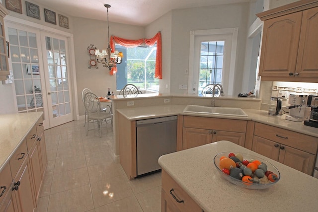 260 Rotonda Blvd E, Rotonda West, FL 33947 - kitchen featuring dishwasher, french doors, light tile patterned flooring, and a peninsula