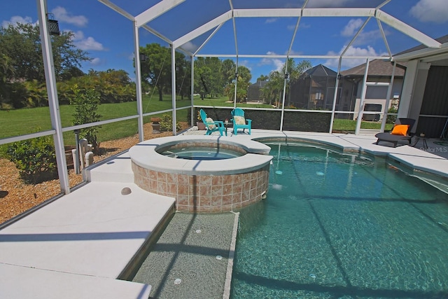 260 Rotonda Blvd E, Rotonda West, FL 33947 - view of pool with a lanai, a patio, a pool with connected hot tub, and a yard