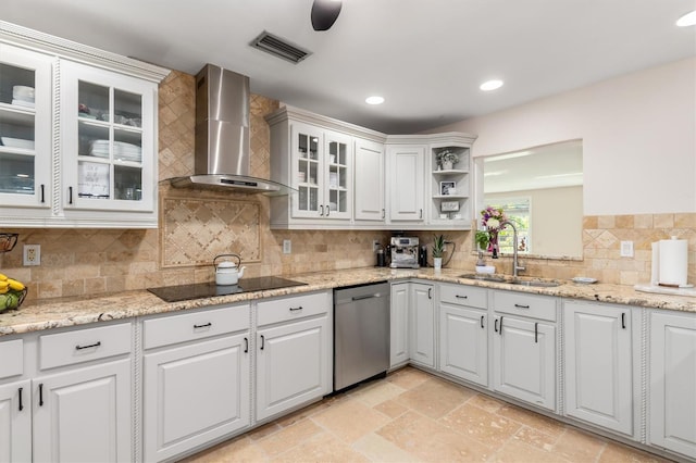 123 Annapolis Ln, Rotonda West, FL 33947 - kitchen featuring dishwasher, wall chimney exhaust hood, black electric stovetop, backsplash, and white cabinets
