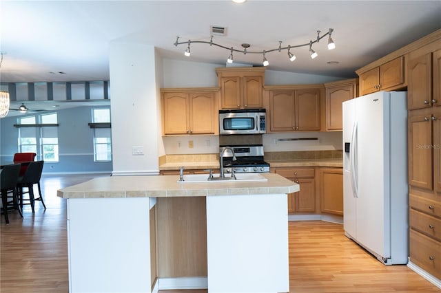 10724 SW Park Ave, Arcadia, FL 34269 - kitchen featuring appliances with stainless steel finishes, light wood-style floors, light countertops, a center island with sink, and vaulted ceiling