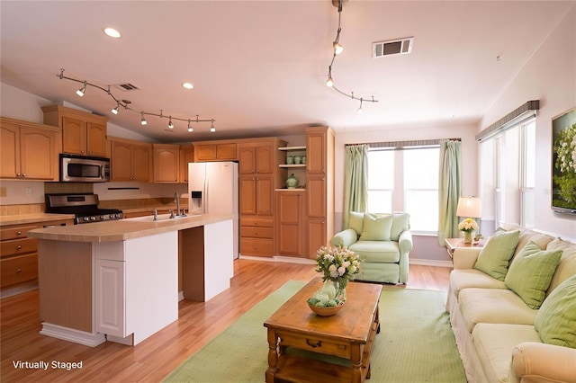10724 SW Park Ave, Arcadia, FL 34269 - kitchen with appliances with stainless steel finishes, open floor plan, track lighting, light countertops, and light wood-style floors