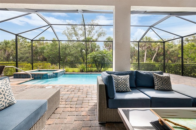 14684 Cherry Blossom Way, Punta Gorda, FL 33955 - view of pool featuring an outdoor hangout area, a patio area, a pool with connected hot tub, and glass enclosure