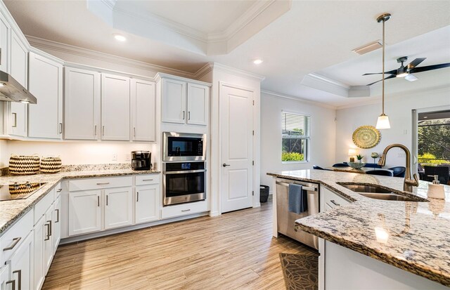 14684 Cherry Blossom Way, Punta Gorda, FL 33955 - kitchen featuring stainless steel appliances, a raised ceiling, healthy amount of natural light, white cabinets, and ornamental molding
