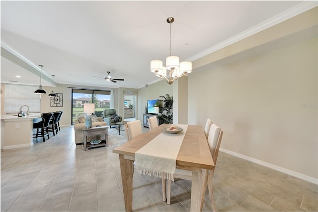 12425 Ghiberti Cir Unit 101, Venice, FL 34293 - dining room with crown molding, a chandelier, ceiling fan, light tile patterned floors, and recessed lighting