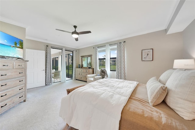 12425 Ghiberti Cir Unit 101, Venice, FL 34293 - bedroom featuring access to exterior, light colored carpet, ornamental molding, and ceiling fan