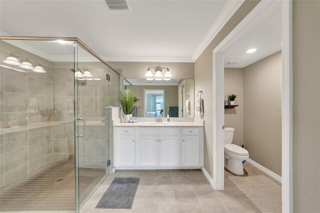 12425 Ghiberti Cir Unit 101, Venice, FL 34293 - full bathroom with vanity, a shower stall, crown molding, and tile patterned floors