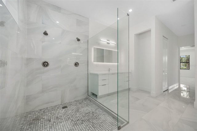 17200 Mint Ln, Punta Gorda, FL 33955 - bathroom with a walk in shower, vanity, and marble finish flooring