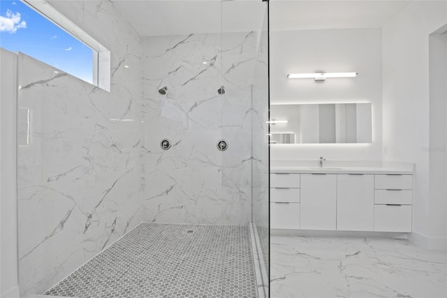 16506 Cape Horn Blvd, Punta Gorda, FL 33955 - full bathroom featuring a marble finish shower, vanity, and marble finish floors