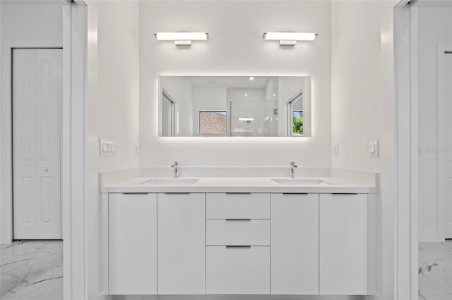 16506 Cape Horn Blvd, Punta Gorda, FL 33955 - bathroom with marble look tile flooring, a closet, double vanity, and a shower
