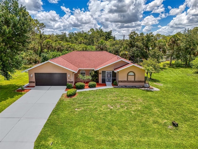 510 Border St, Port Charlotte, FL 33953 - ranch-style house featuring stucco siding, a garage, a front yard, and concrete driveway