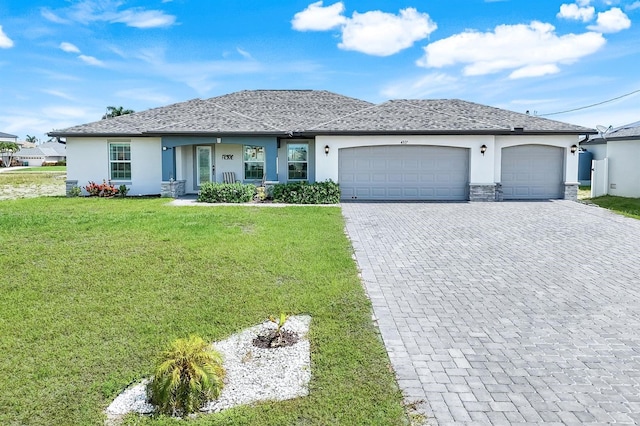 4321 NW 34th Ln, Cape Coral, FL 33993 - ranch-style house with stucco siding, decorative driveway, a garage, and a front yard