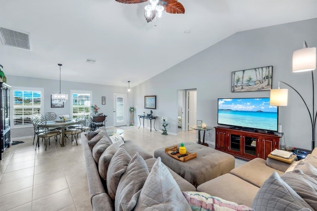 4321 NW 34th Ln, Cape Coral, FL 33993 - living area featuring a ceiling fan, light tile patterned floors, and lofted ceiling