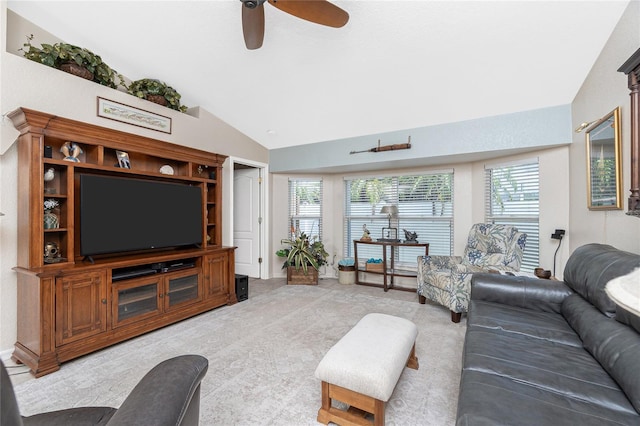 4142 Reif Ct, Port Charlotte, FL 33981 - living room featuring vaulted ceiling, ceiling fan, and light carpet