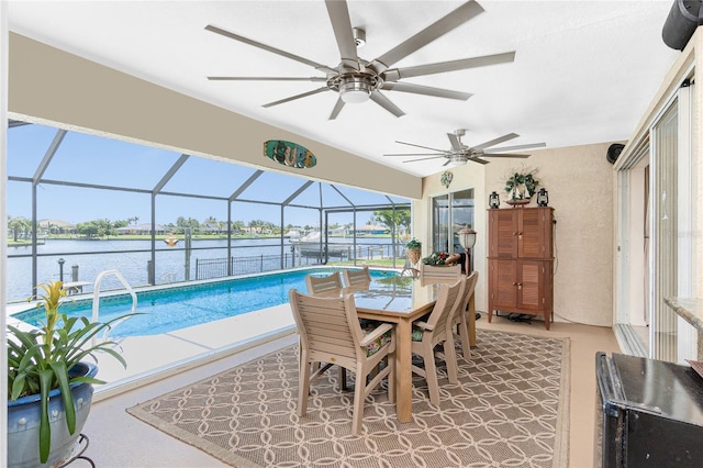 4142 Reif Ct, Port Charlotte, FL 33981 - swimming pool featuring ceiling fan, a patio area, a water view, and glass enclosure