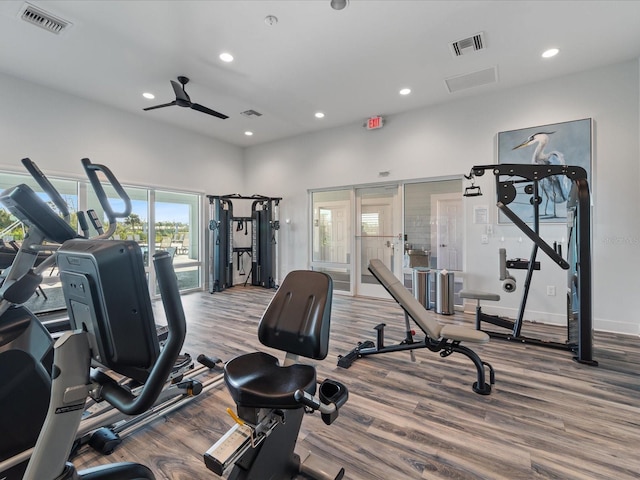 2161 Gardenia Ave, Port Charlotte, FL 33953 - gym with ceiling fan, wood finished floors, and recessed lighting