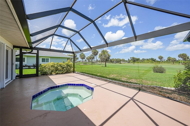 1915 Pebble Beach Ct, Venice, FL 34293 - view of swimming pool with an in-ground hot tub, a patio, a yard, glass enclosure, and golf course view