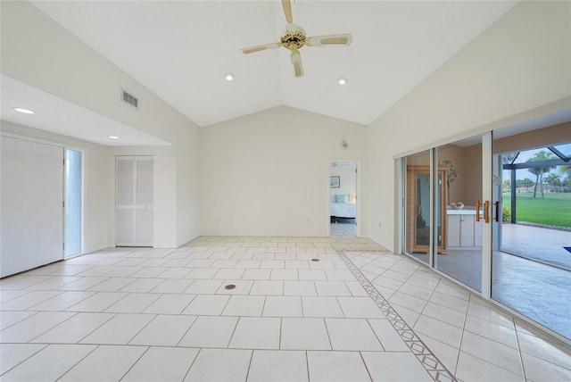 1915 Pebble Beach Ct, Venice, FL 34293 - unfurnished room featuring recessed lighting, a ceiling fan, light tile patterned flooring, and high vaulted ceiling