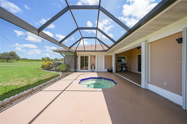 1915 Pebble Beach Ct, Venice, FL 34293 - view of swimming pool with an in-ground hot tub, a patio, a yard, and glass enclosure