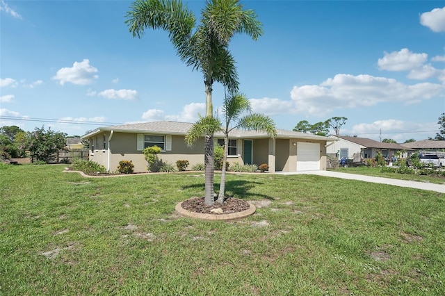 1107 Seneca Rd, Venice, FL 34293 - ranch-style home featuring an attached garage, driveway, stucco siding, and a front yard