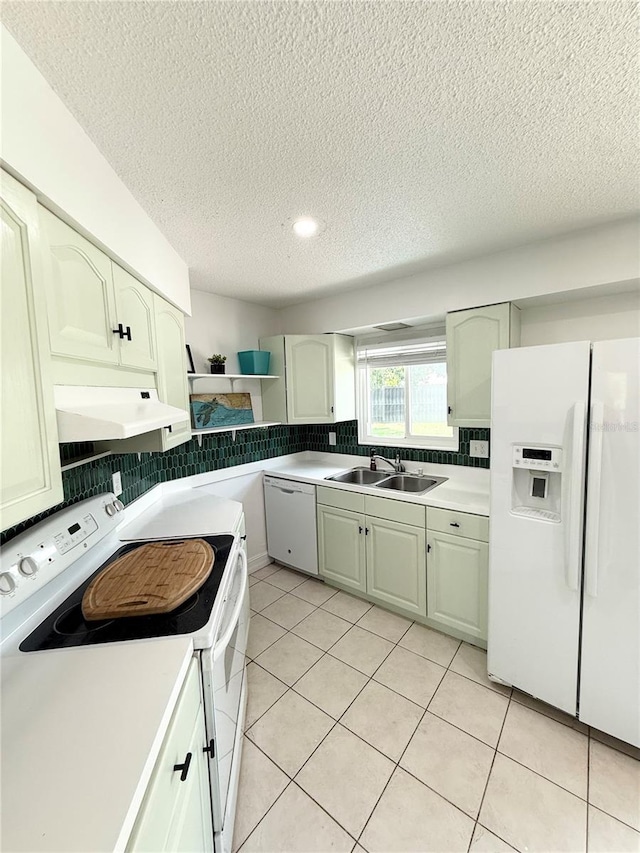 24 Charwood Cir, Lehigh Acres, FL 33936 - kitchen featuring white appliances, under cabinet range hood, open shelves, a textured ceiling, and light tile patterned flooring