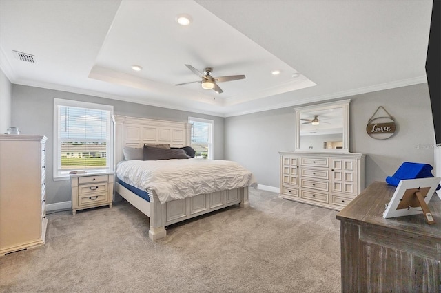 16833 Terrapin Key Dr, Port Charlotte, FL 33953 - bedroom with ornamental molding, light carpet, a raised ceiling, recessed lighting, and a ceiling fan