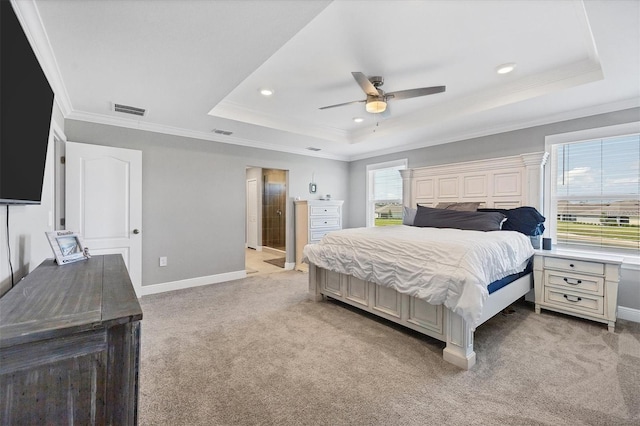 16833 Terrapin Key Dr, Port Charlotte, FL 33953 - bedroom featuring a raised ceiling, ornamental molding, light colored carpet, recessed lighting, and a ceiling fan