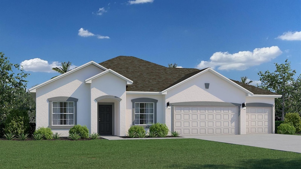5069 SW 116th Pl, Ocala, FL 34476 - view of front of home featuring a garage, a front yard, concrete driveway, a shingled roof, and stucco siding
