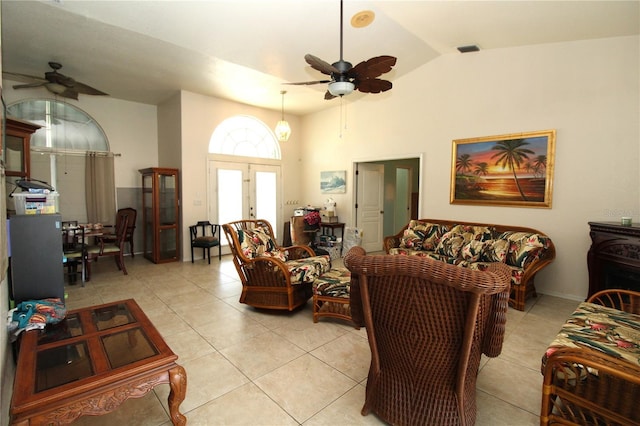 39 Norman St, Port Charlotte, FL 33954 - living area with ceiling fan, light tile patterned floors, lofted ceiling, and french doors