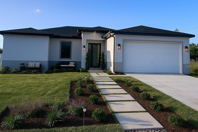 3113 58th, Lehigh Acres, FL 33971 - view of front of home with stucco siding, an attached garage, a front lawn, and driveway