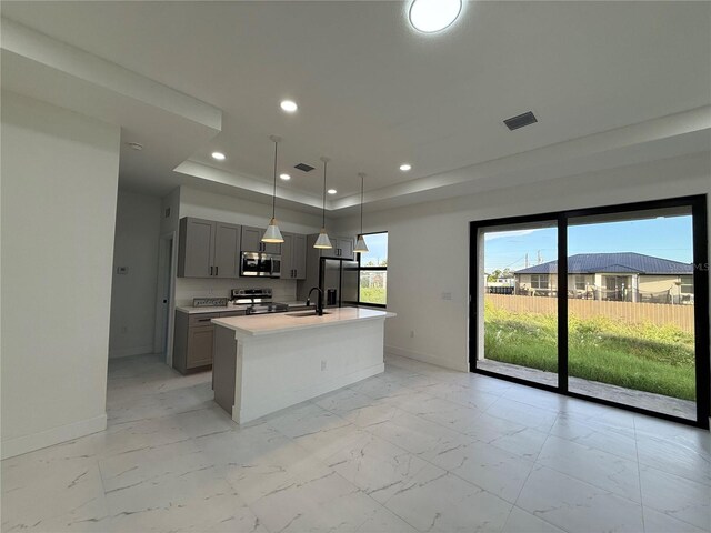 3113 58th, Lehigh Acres, FL 33971 - kitchen featuring gray cabinetry, stainless steel appliances, light marble finish flooring, recessed lighting, and light countertops