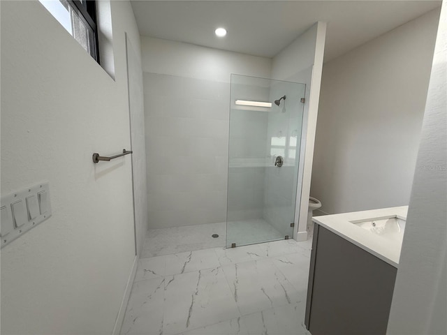 3113 58th, Lehigh Acres, FL 33971 - bathroom with marble finish flooring, vanity, a walk in shower, and recessed lighting